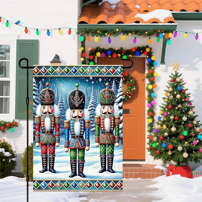 IVN Christmas Garden Flag 12x18 Inch Nutcracker Soldiers in Colorful Uniform with Snowy Pine Trees and Holiday Border Flag Double Sided Outdoor Yard Banner for Porch Lawn Patio Decor Winter