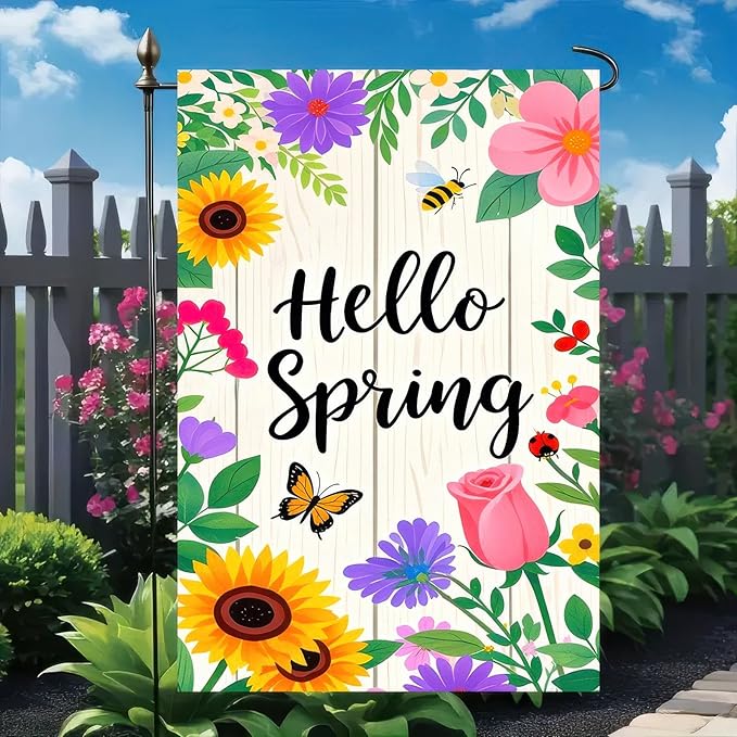 Hello Spring Garden Flag 12x18 Inch Floral Welcome Garden Flag Spring Yard Banner for Outdoor Porch Patio Lawn Springtime Farmhouse Outdoor Decor Seasonal Garden Flags