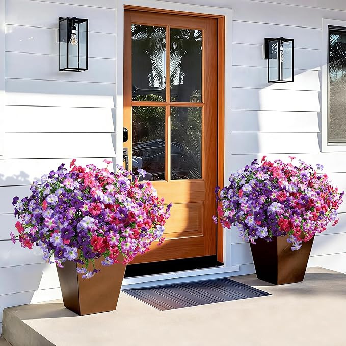 Artificial Flowers for Outdoors Fake Plants Outside Decoration, 20 Bundles Purple Silk Petunia with Eucalyptus UV Resistant Realistic Faux Flowers for Outdoor Planters Garden Balcony Yard Porch Patio