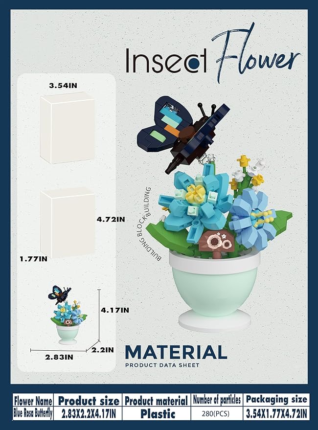 Sacblirr Mini Flower Bonsai with Cute Insects Blue Rosa Butterfly - DIY Potted Plant Building Blocks for Kids and Adults, Botanical Collection Decor Toy
