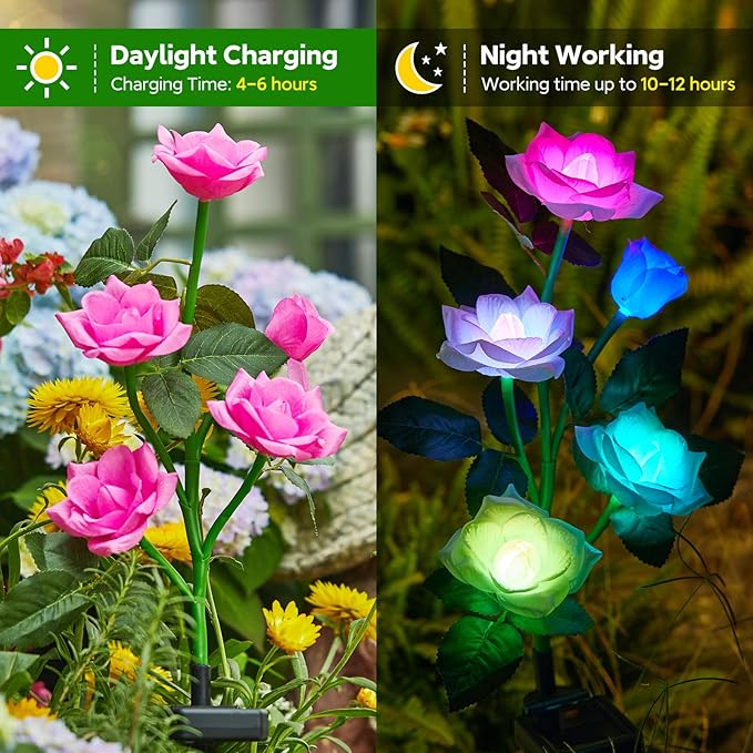 RECHOO Solar Garden Lights Outdoor Decorative, 3 Pack Solar Flower Lights with 15 Rose Flowers, Multi-Color Changing LED Waterproof Garden Decor for Landscape Pathway, Valentine's Day Gifts for Women