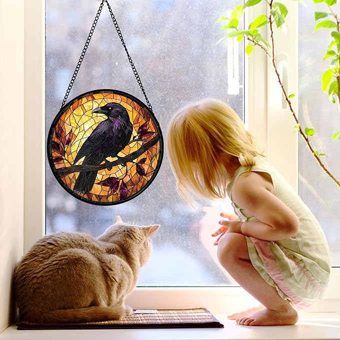 DASTOLL Stained Glass Window Hanging - Crow on a Branch Suncatcher Ready to Hang Window Doors Home Decoration and Christmas, Mother's Day Birthday Gifts for Women, Men, and Mom 9.8x9.8 in