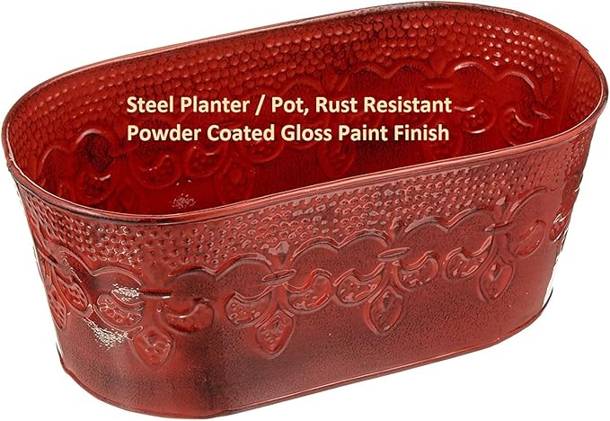 Robert Allen MPT01895 Fleur De Lis Series Metal Oval Planter Flower Pot, 10", Color Cayenne Red