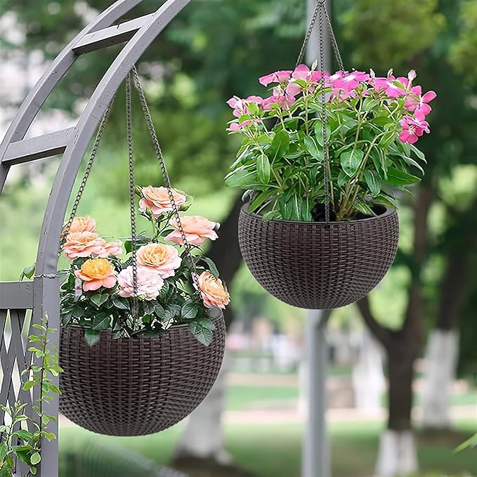 Vigo huseeo 13.5 inch 2Pack Large Hanging Planters for Outdoor/Indoor Plants, Self Watering Hanging Pot with Water Level Indicato, Drainage Holes and Chain for Garden Porch, Brown