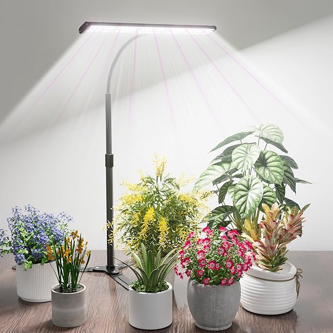 Super Bright Grow Light for Indoor Plants, 6000K 108LEDs Full Spectrum Gooseneck Plant Lamp with Timer 4/8/12 Hrs, 12V/3A High Power Adjustable Height 12-16” for Home Office Desk Plants