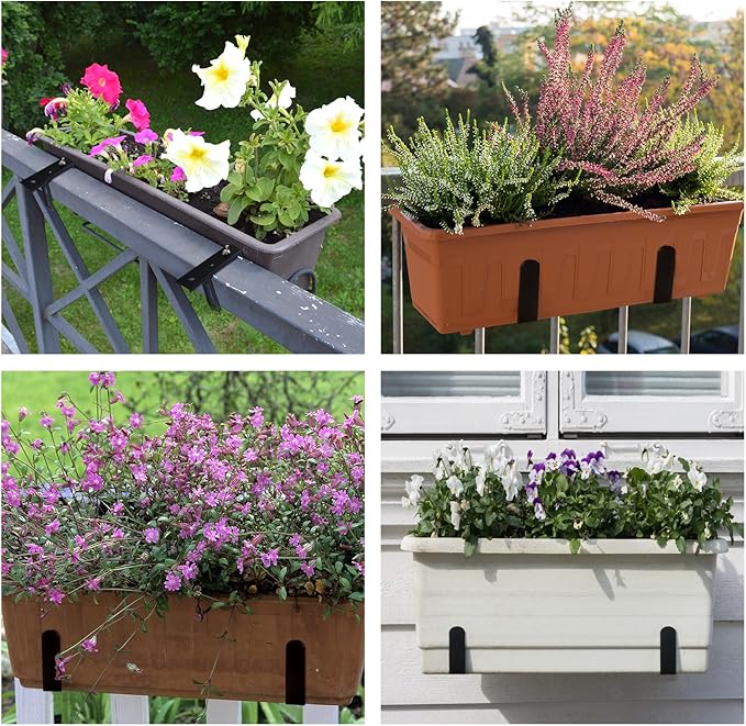 4-Pack Window Box Brackets,Adjustable Planter Box Brackets, Heavy Duty Q235 Steel Universal Outdoor Hanging Brackets, Flower Box Brackets for Fence Railings Windowsill Patio Garden Balcony