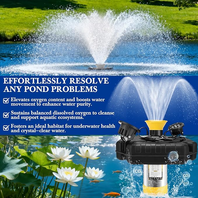 Pond Fountain Aerator with Lights Burnvale BU-F5, 2 RGB LED 1HP 15000 GPH Floating Aerating Fountain with Timer, 100FT Power Cord and Rope Aerator Water Pump, for Large Outdoor Ponds Lakes and Pool