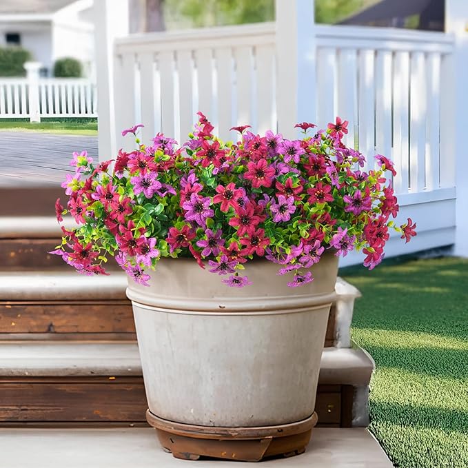 Artificial Flowers for Outdoors 12 Bundles Fake Plants Spring Home Decoration, Realistic Faux Flower Silk Daisy with Eucalyptus Stem UV Resistant Patio Planter Porch Yard Window (Light Purple Fuchsia)