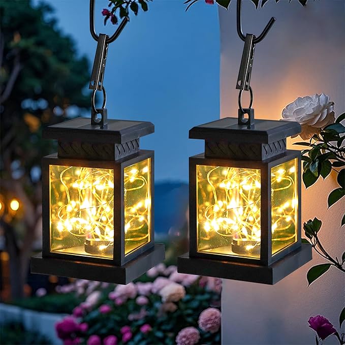 JHY DESIGN Set of 6 Solar Lantern Lights Outdoor Waterproof Solar Powered Table Lamp Hanging Lighting with Warm LED Fairy String Lights for Patio Garden Landscape Decoration Yard Lawn（with Clamp）