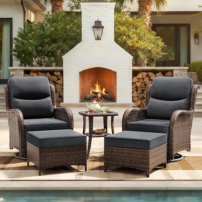 HILLGA Luxury Patio Furniture Set with 6-inch Thick Cushion, Outdoor High Back Swivel Rocker Patio Chairs, 5PCS Wicker Conversation Set for Deck Yard and Poolside, Dark Grey (V2)
