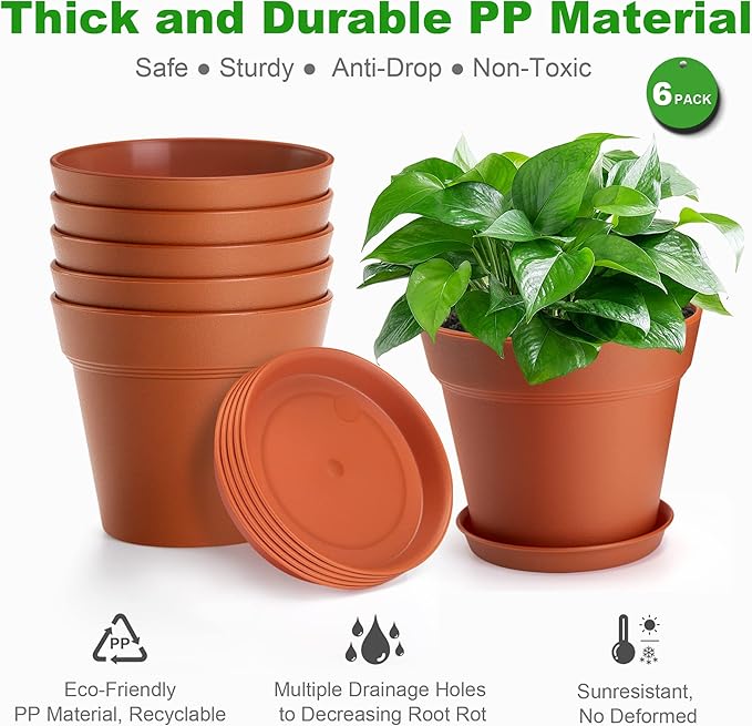 FHWTY 6 Pack Plastic Plant Pots with Drainage Holes and Tray, 7 inch Thickened Indoor Planters Seedlings Nursery Pots for Flowers, African Violet, Succulent and All House Plants, Terracotta