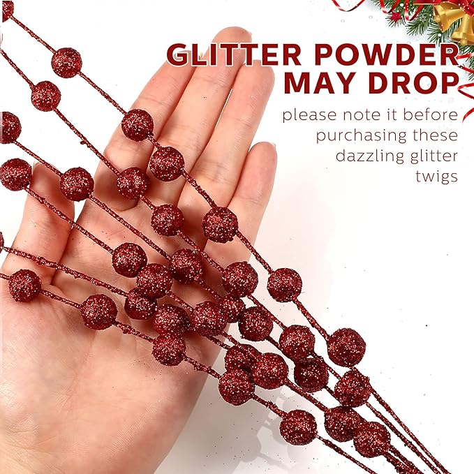 Syhood 200 Pcs Glitter Berry Stems, 13.8 Inches Christmas Berry Picks Holly Branches for Christmas Tree Decorations, Holiday Ornaments Home Decor and DIY Crafts(Red)