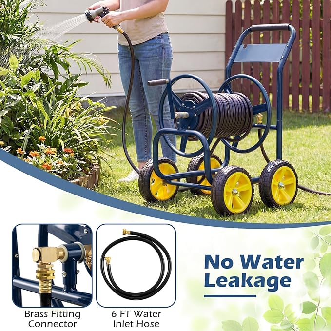 Garden Hose Reel Cart, Mobile Water Hose Cart with Heavy-duty Metal Frame & 4 Solid Wheels, Hold up to 330 ft of 5/8" Hoses, Outdoor Planting Tool for Lawn & Backyard (Navy Blue)