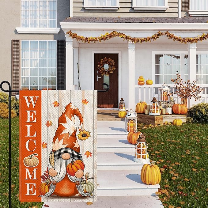 Gnome Fall Garden Flags for Outside, Welcome Fall Garden Flags 12x18 Double Sided, Rustic Pumpkin Gnome Small Holiday Lawn Flags, Autumn Harvest Gnomes Decorations for Yard Farmhouse