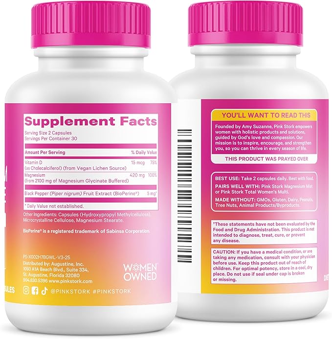 Pink Stork Magnesium Glycinate with Vitamin D - Magnesium Supplement for Women to Support Natural Calm, Mood, and Sleep - Hormone Balance for Women - 60 Capsules, 1 Month Supply