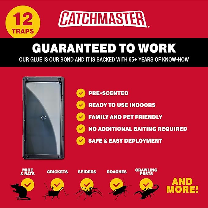 Catchmaster Rat, Snake and Mouse Traps 12Pk, Large Bulk Glue Rat Traps for Home, Adhesive Plastic Tray for Inside House, Snake, Mice, & Spider Catcher, Pest Control for House & Garage