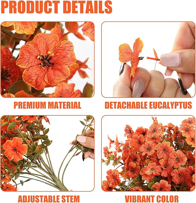 Artificial Fake Hanging Flowers Fall Plants for Outdoor Outside Autumn Decoration 2PCS Faux Silk UV Resistant Realistic with Eucalyptus for Home Thanksgiving Harvest Porch Patio Balcony(Fall Orange)