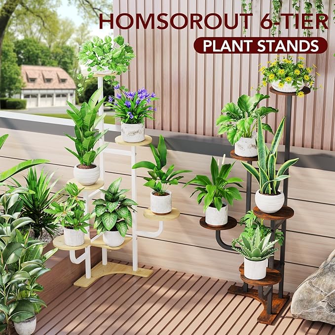 Homsorout Corner Plant Stand with Grow Light - 6 Tier Plant Stand Indoor Round Metal Plant Shelf with Adjustable Light, Plant Organizer for Living Room, Graden, Home Decor (Maple)