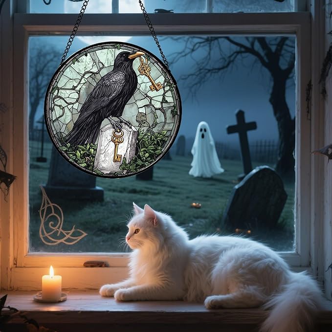 Stained Glass Window Hanging - Halloween Crow Holding A Key Suncatcher for Doors Garden Home Spooky Green Vines Sun Catchers Gothic Decor Horror Gift for Women Men Friend Boy Girl 7.8 in