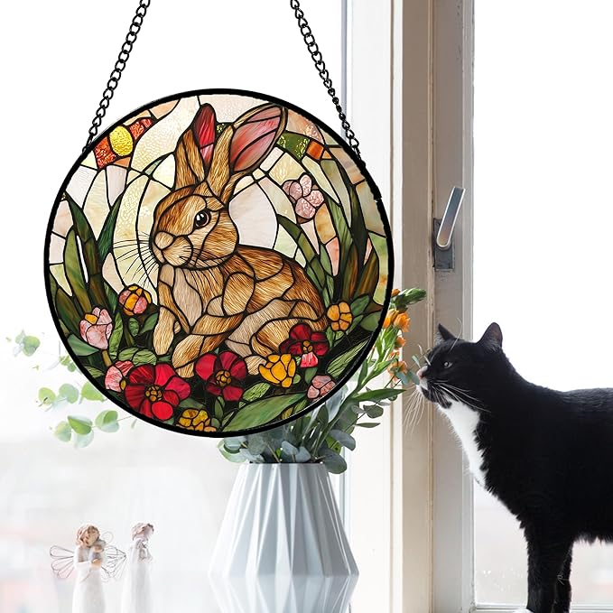 AMDERVEN Stained Glass Window Hanging, Cute Bunny Flowers Sun Catcher for Window Door Home Decor, Rabbit Suncatcher Christmas Mother's Day Birthday Gifts for Women Men Mom and Nana 6.3 in