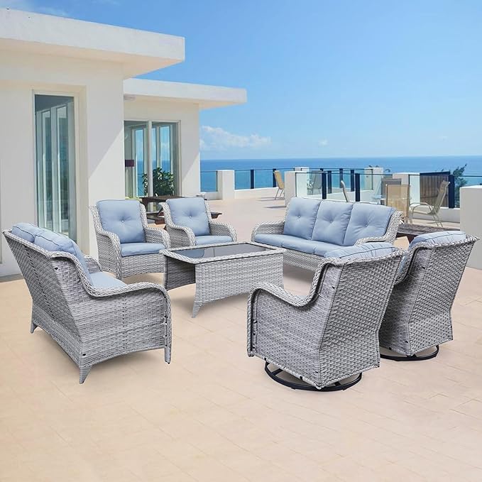 Belord Outdoor Furniture Wicker Conversation Sets - 7 Piece Patio Rattan Furniture Sets with Swivel Rocker Chairs Outdoor Sofa for Porch Deck Backyard Light Grey/Baby Blue