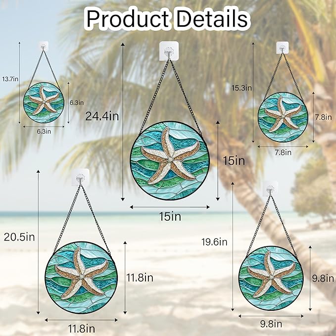 DASTOLL Stained Glass Window Hanging Teal Sea Waves Starfish 9.8" - Suncatcher Door Garden Sun Catcher Home Decor Birthday Mother's Day for Mom Men Woman Parents Her Child Nana