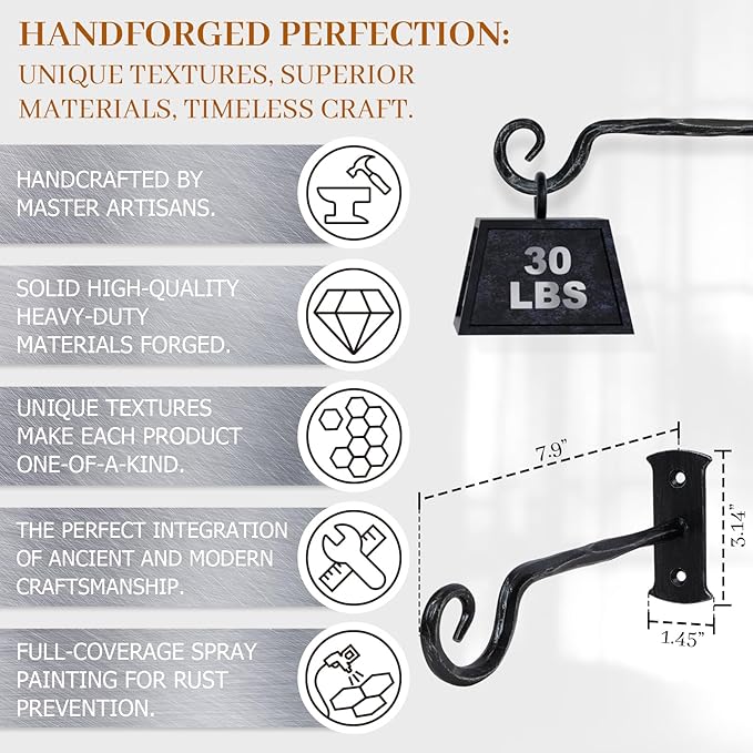 BEGINS Plant Hangers Outdoor Wrought Iron Metal Hanger Hook 2 Pack 8 inch Wall Bracket Hooks for Flower Pots, Wind Chimes, Solar Lanterns, Garden Decor