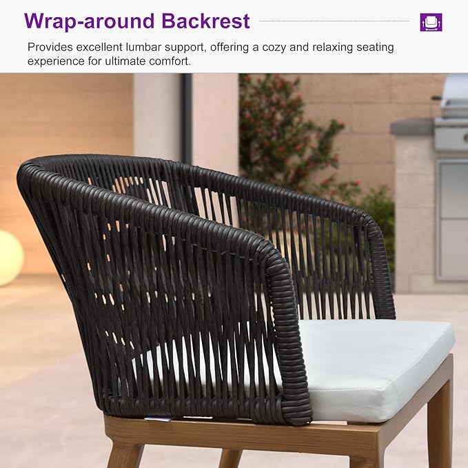 PURPLE LEAF 2 Pieces Outdoor Dining Chair All-Weather Wicker Aluminum Frame Patio Dining Chair for Lawn Garden Backyard Deck with Cushion, Teak Armchair