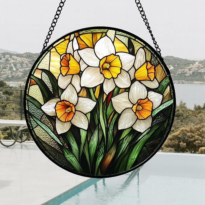 AMDERVEN Stained Glass Window Hanging, Yellow and White Daffodils Sun Catcher for Door Home Decor Plants Flowers Suncatcher Christmas Mother's Day Birthday Gifts for Women Men Mom Nana 11.8 in