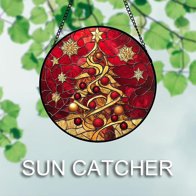 DASTOLL Stained Glass Window Hanging 4 Pcs Set Red Christmas Elk Snowflakes Large 11.8" - Deer Suncatcher Door Garden Sun Catcher Decor Birthday for Mom Woman Nana Men Friend