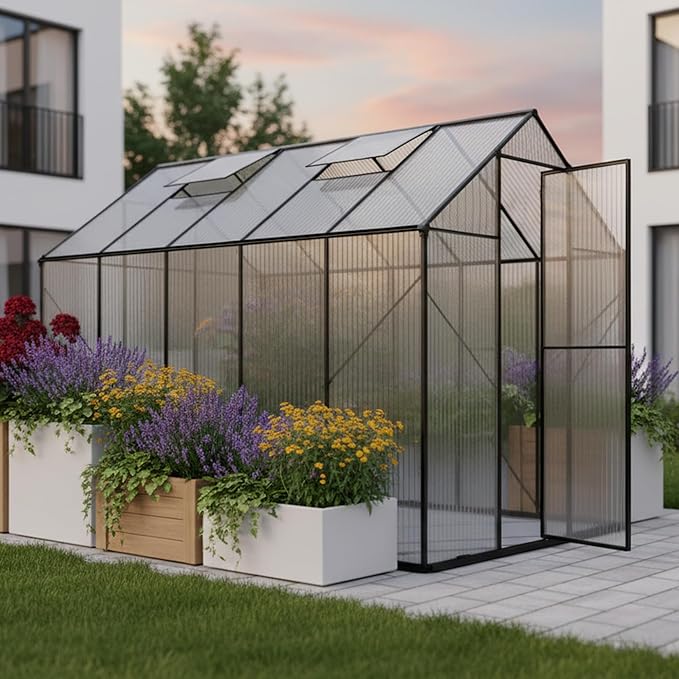Kingdura 6x10ft Walk-in Greenhouse for Outdoors, Large Polycarbonate Greenhouses with Heavy Duty Aluminum Frame, Adjustable Roof Vent, Lockable Door, UV Protection for Outside Garden Backyard