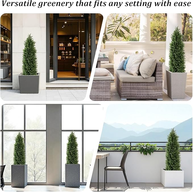Azoco 4ft Faux Cedar Topiary for Outdoor Planters, Large Artificial Trees Set of 2, UV Rated Fake Plants with Pot for Front Porch Outside Decor 4 Feet Tall