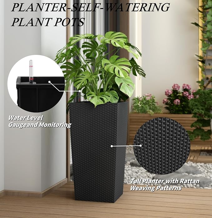 Vigo huseeo 23in Tall Planter Set of 2, Large Self Watering Pots for Indoor/Outdoor Plants with Drain Holes, Water Level Monitor, Inner Bucket for Front Porch Patio, Black Rattan