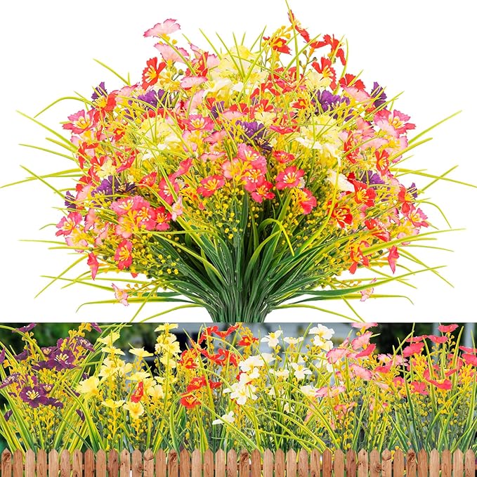 XEOLIAN 12 Bundles Artificial Outdoor Flowers Lifelike UV Resistant Fake Plastic Plants Indoor Outside Hanging Plants Garden Porch Window Box Decor (Mix 6 Colors)