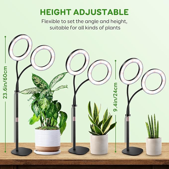 LPMZMBL Dual Heads Grow Lights for Indoor Plant Full Spectrum, Desk Halo Plant Lights for Indoor Growing with 3/9/12 Timer, 5 Dimmable Levels,Height Adjustable 9.4-23.6",Strong Metal Base Happy Light