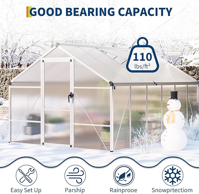 8x12 FT Greenhouse, Greenhouses for Outside, Polycarbonate Greenhouse with Aluminum Frame, Lockable Door and Ajustable Roof Vent for Backyard, Green Houses for Outside Garden Backyard, Patio