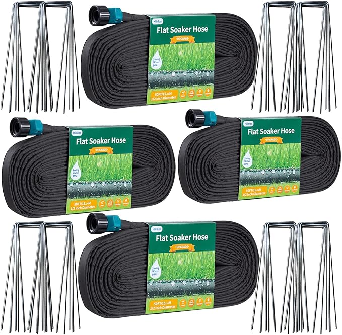 2026 Flat Soaker Hose 200 ft (50ft 4Packs) with Stake for Garden, Linkable Drip Hose Diy Automates Garden Irrigation System Saving 90% Water, Dual-layer Leak-free Design Water Hose with Holes