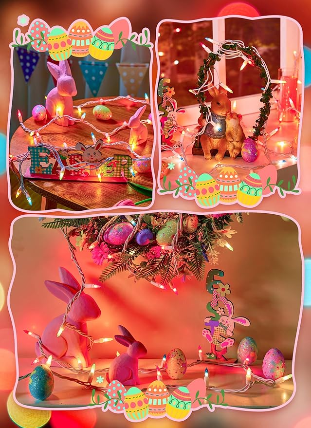 Easter Decorations Mini String Lights, 50 Count 12 Feet Easter Mini Lights, Waterproof String Light Plug in for Indoor Garland Party Christmas Tree Festival Easter Decoration, Pink + Multicolor