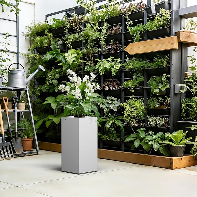 Kante 23.6" H Tall Rectangular Concrete Planter, Modern Square Diameter Plant Pot with Drainage Hole and Rubber Plug for Indoor Outdoor Home Patio Garden, Pure White