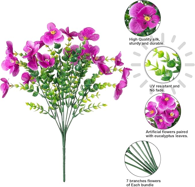 Ivydale Artificial Flowers for Outdoor Decorations, 12 Bundles Fake Pansies Flower, Silk Flora with Eucalyptus for Planter, UV Resistant Realistic Bouquets Front Door Garden Porch Patio Yard