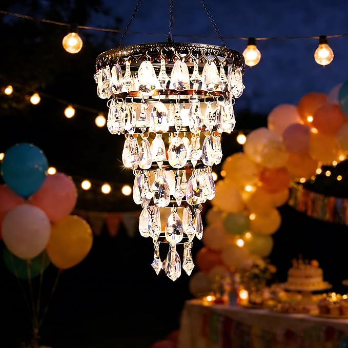 Solar Hanging Acrylic Crystal Chandelier Outdoor Garden Decorative Lights a Bright Warm LED and 5ft LED Strip Weatherproof Tree Hanging Lantern for Valentine Gifts Garden Gazebo, Party, Wedding 6 Tier