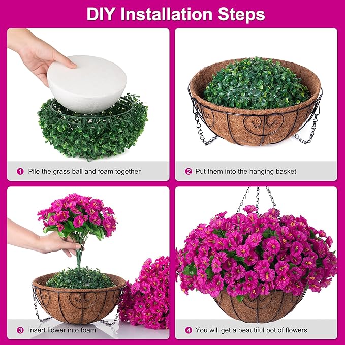 Ammyoo Artificial Hanging Flower Plants with Basket for Outdoor Decoration, Faux Petunias Flowers Fake Morning Glory Planter for Outside Patio Garden Porch Balcony Yard Decor(Fuchsia)