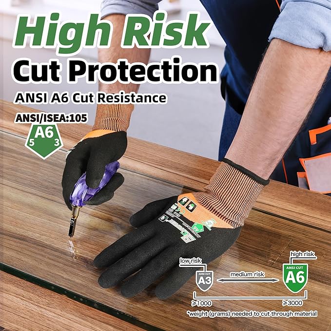 Schwer ANSI A6 Cut Resistant Gloves, CR3709 Cut Proof Work Gloves, Touch-screen Cutting Gloves, 3/4 Dipped Coating for Woodworking, Glass Metal Cutting, Construction, Fishing, XL,1 pair