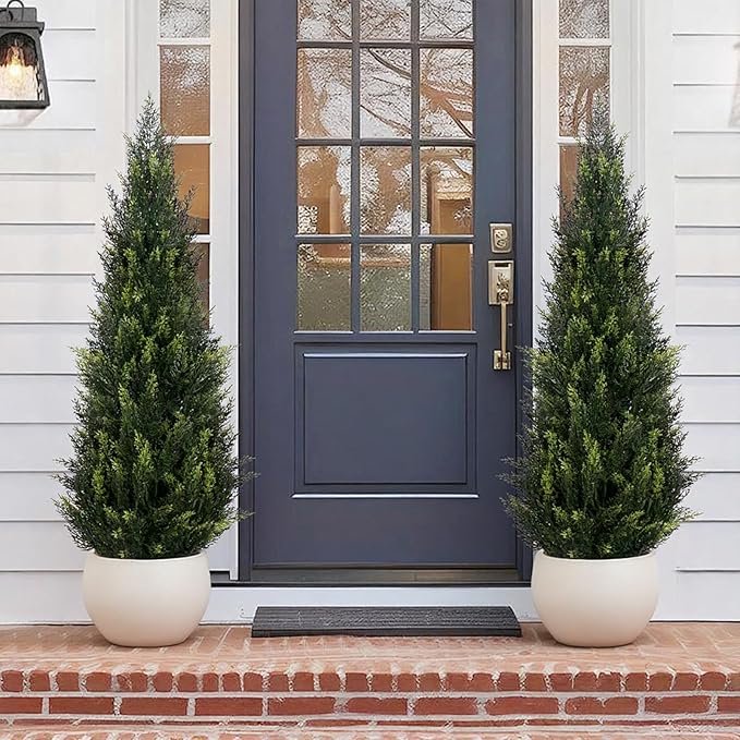 ZEEOZE 3FT Artificial Cedar Topiary Trees (2 Pack) - UV Resistant Faux Evergreen Shrubs Extra Dense Foliage Realistic Fake Pine Cypress Plants Easy Assembly for Front Porch Garden Indoor Office Decor