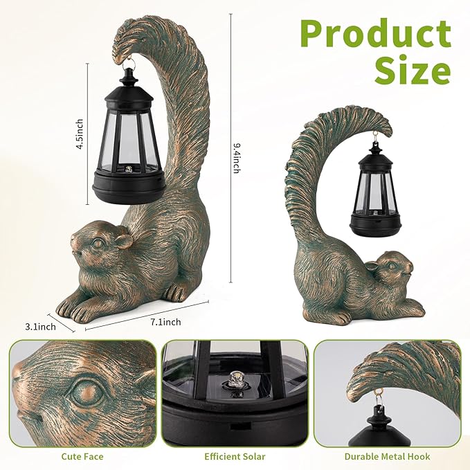 Solar Garden Statues Decor Squirrel with LED Lantern ,Outside Solar Squirrel Decor for Garden,Home,Lawn,Yard, Balcony Ornament- Unique Housewarming Gifts