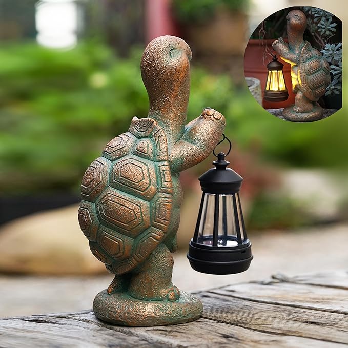 Roundot Turtle Solar Powered Outdoor Garden Statue, Resin Statue with Solar Light Lantern, Decorative Lawn, Yard Outdoor Turtle Decoration. Unique Home Decoration, Gifts for Women