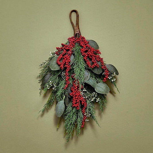 LampLust Winter Swag for Front Door, 18 Inch Greenery with Eucalyptus and Red Berry, Teardrop Swag for Decorating, Outdoor Winter Hanging Decor, Rustic Seasonal Front Door Accent
