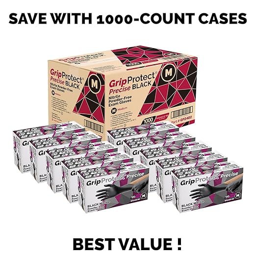GripProtect® Precise Black Nitrile Gloves, Exam, 4 Mil, Food, Home, Cleaning, Medical/Dental, Tattoo (Medium, 100)
