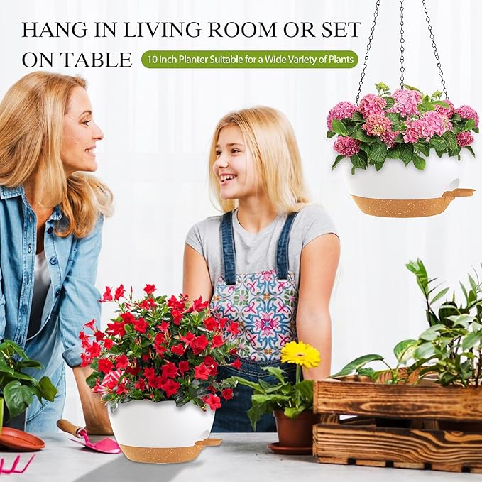 SQKH 10 Inch Hanging Baskets 2 PC with Chains, Self-Watering Hanging Planters for Indoor Outdoor Plants, Plastic Hanging Flower Pots,White Brown