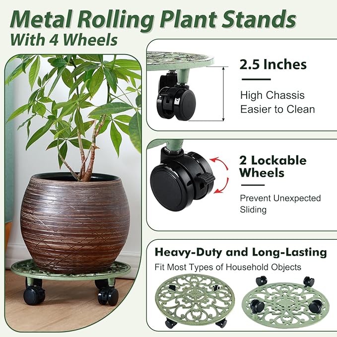3 Packs 14 Inch Rolling Plant Stand with Wheels Metal Plant Caddy with Wheels Heavy Duty Round Plant Stand Indoor Iron Plants Rollers for Plants, Plant Dolly Retro Green